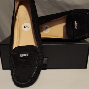 DKNY Black Moccasin Flats with Suede Finish